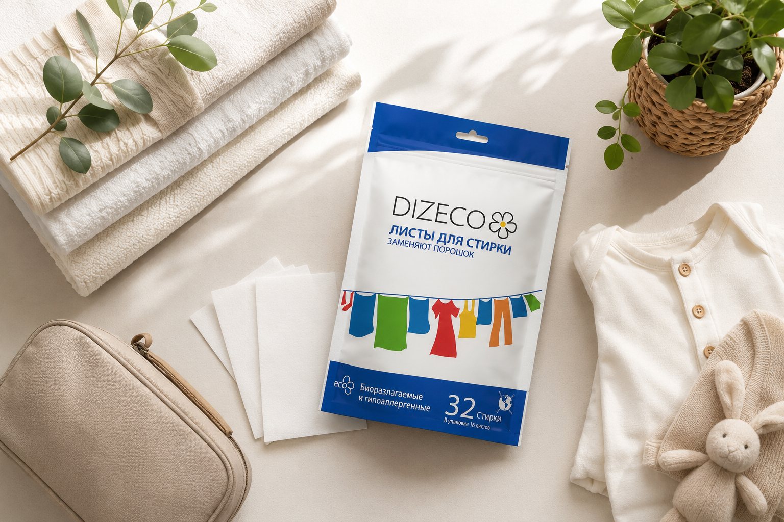 Упаковка DIZECO, листы для стирки, полотенца и домашние вещи