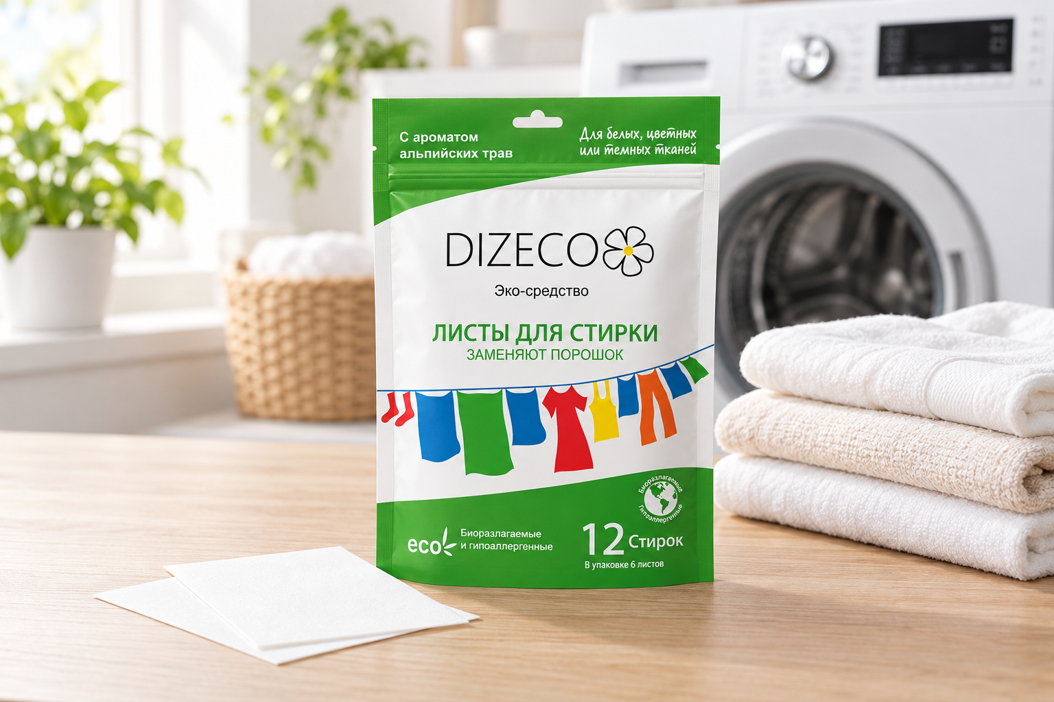 Зелёная упаковка Diz Eco на 12 стирок рядом с полотенцами и листами