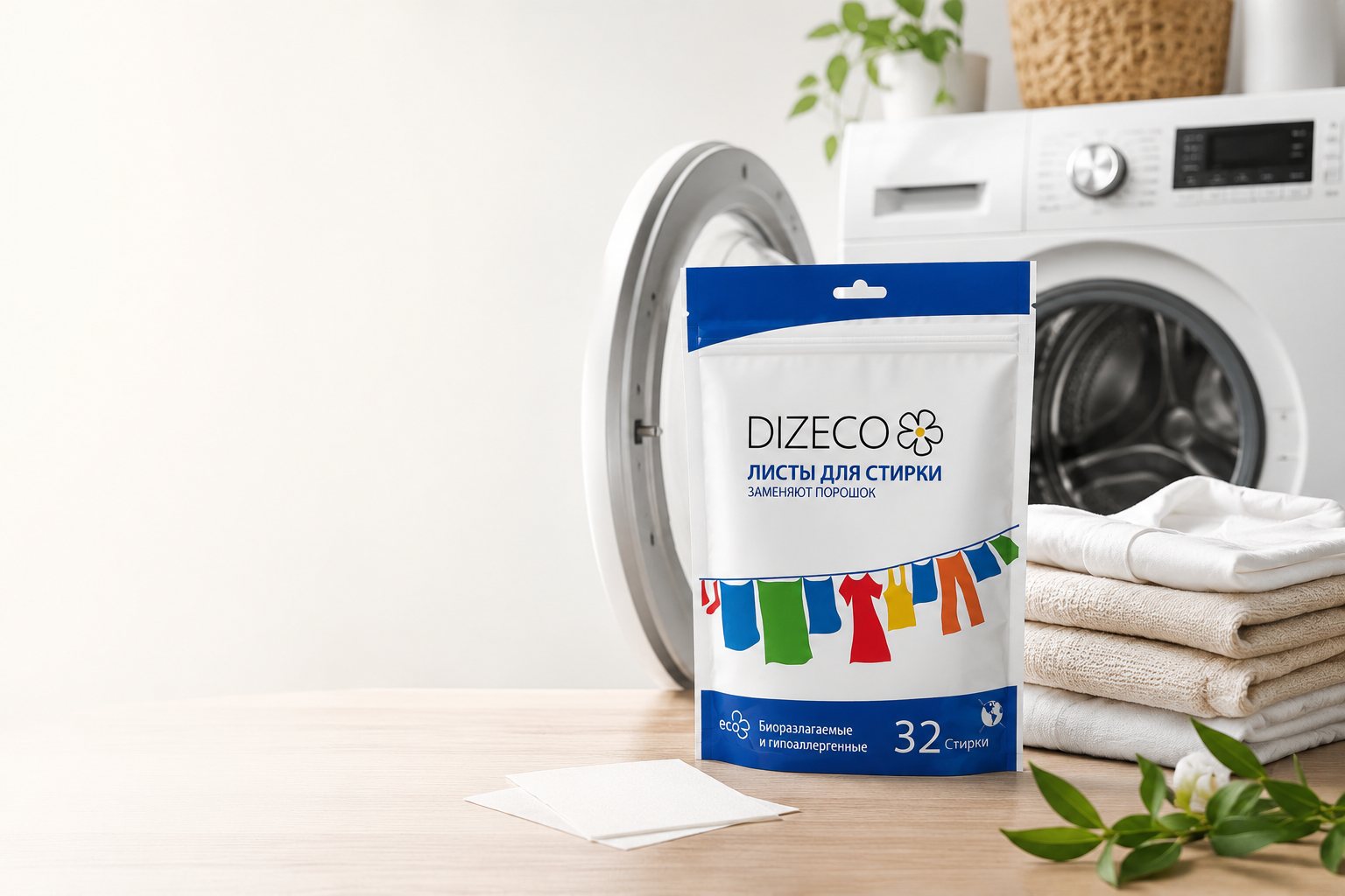 Упаковка DIZECO и стопка стиральных листов