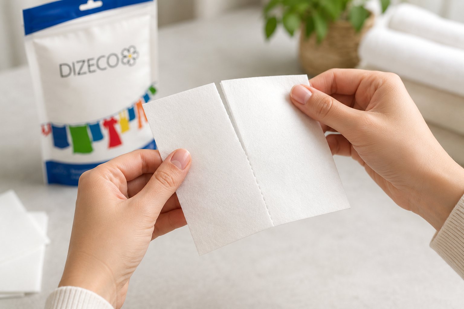 Руки разделяют стиральный лист DIZECO